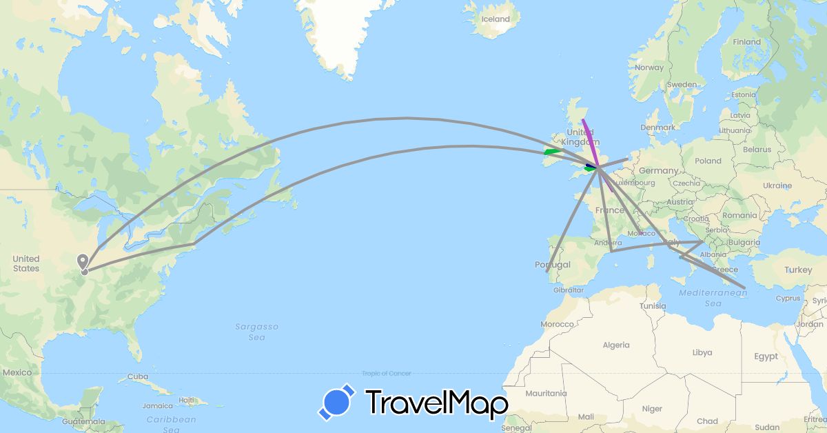 TravelMap itinerary: driving, bus, plane, train, boat in Spain, France, United Kingdom, Greece, Croatia, Ireland, Italy, Monaco, Netherlands, Portugal, United States (Europe, North America)
